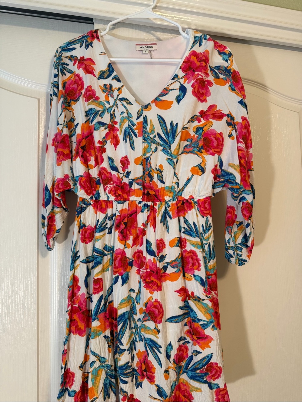 ANDREE BY UNIT White Floral V-Neck Midi Dress with Pink, Teal & Orange Print